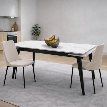 TAVOLO CM 140X80 ALLUNGABILE METALLO NERO E VETRO EFFETTO MARMO