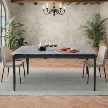 TAVOLO MOD. RF3316DT ALLUNGABILE CM 140X80 METALLO E PIANO IN VETRO EFFETTO MARMO