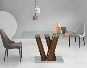 TAVOLO ENNIO FISSO 160X90 TEAK/CROMO E PIANO IN VETRO