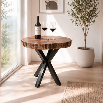 TAVOLO TONDO CM 80X95 H.76 METALLO NERO E PIANO IN LEGNO DI ACACIA NATURALE 