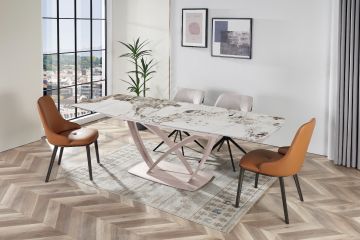 TAVOLO MOD. ANGEL ALL. CM 160X90 IN METALLO CACHEMIRE E PIANO IN VETRO CERAMICA CALACATTA