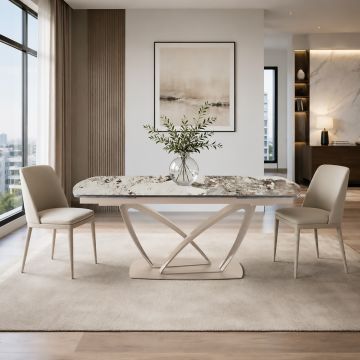 TAVOLO MOD. ANGEL ALL. CM 160X90 IN METALLO CACHEMIRE E PIANO IN VETRO CERAMICA CALACATTA