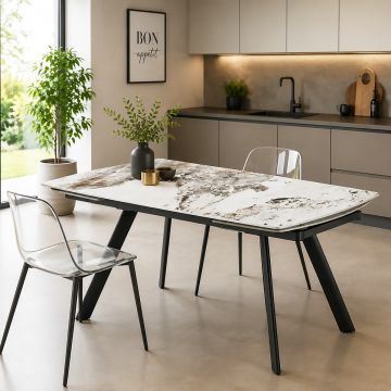 TAVOLO ALLUNGABILE MOD. BRANDO CM 160X90 H.75 METALLO NERO E PIANO CERAMICA EFFETTO CALACATTA