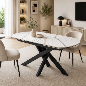 TAVOLO ALLUNGABILE MOD. RAMOS CM 140X90 H.75 METALLO NERO E PIANO CERAMICA EFFETTO MARMO GOLD