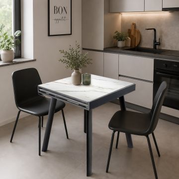 TAVOLO ALLUNGABILE MOD. SLOT CM 80X80 H.75 METALLO NERO E PIANO IN CERAMICA EFFETTO MARMO GOLD