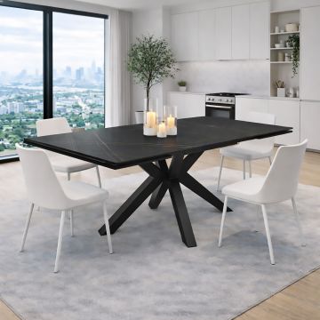 TAVOLO ALLUNGABILE CM 160X90 METALLO NERO E VETRO EFFETTO MARMO 