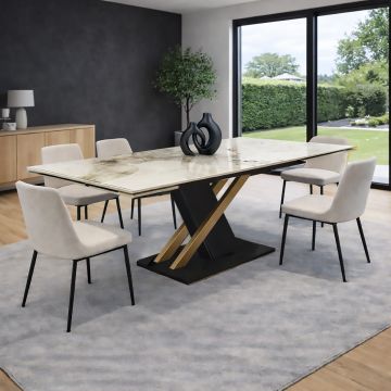 TAVOLO CM 160X90 ALLUNGABILE METALLO NERO/ORO E PIANO VETRO EFFETTO MARMO
