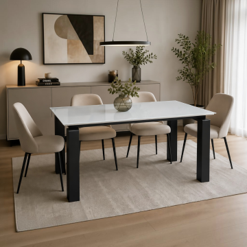 TAVOLO ALLUNGABILE MOD. TORINO CM 150X90 NERO OPACO E PIANO IN VETRO EXTRA WHITE