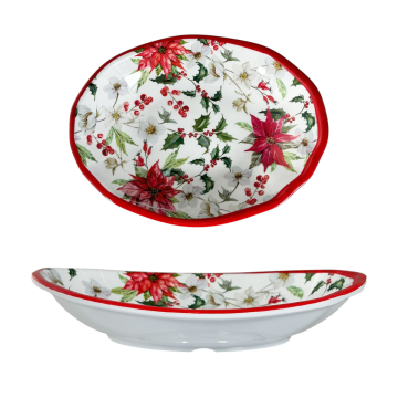 VASSOIO OVALE DECORO VISCHIO IN MELAMINA 23X17 H. 4CM BIANCO CON DECORO NATALIZIO