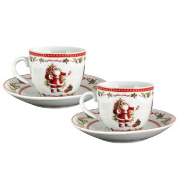 SET 2 TAZZE CON PIATTINO IN PORCELLANA 200ML SANTA CLAUS 9X6 CM BIANCO CON DECORO NATALIZIO 