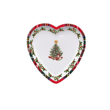 PIATTO DESSERT CUORE SCOTTISH IN PORCELLANA 20X20 H.3 CM BIANCO CON DECORO NATALIZIO 