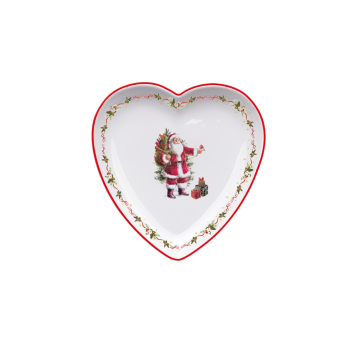 PIATTO DESSERT CUORE SANTA CLAUS IN PORCELLANA 20X20 H.3 CM CON DECORO NATALIZIO