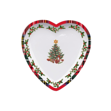 PIATTO PIANO CUORE SCOTTISH IN PORCELLANA 25X25 H.3 CM CON DECORO NATALIZIO