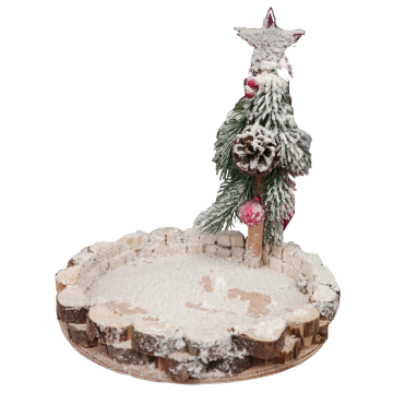 BASE IN LEGNO CON ALBERO/PIGNE/BACCHE INNEVATE DIAM. 27CM