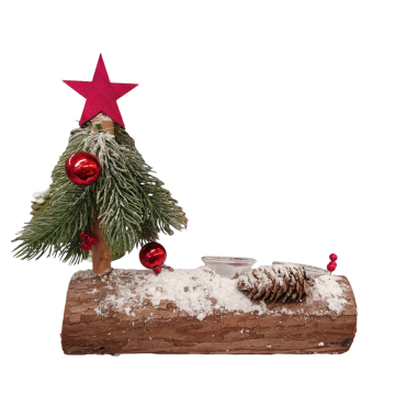 PORTA CANDELA 2 VETRI CON LEGNI NEVATI PIGNE/BACCHE/ALBERO 14X9CM H. 20CM