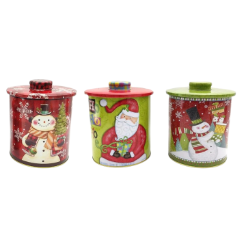 SCATOLA ROTONDA IN LATTA PICCOLA CON COPERCHIO DECORO NATALIZIO ASS