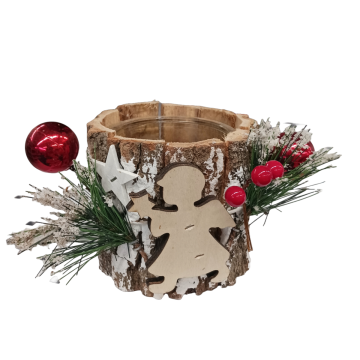 PORTA CANDELA 1 VETRO IN LEGNO CON ANGELI/BACCHE 15X15CM 