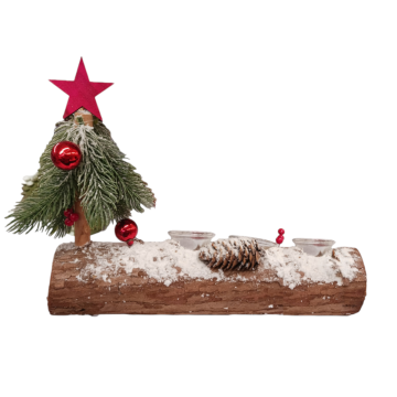 PORTA CANDELA 3 VETRI CON LEGNI NEVATI PIGNE/BACCHE/ALBERO 14X7CM H. 30CM