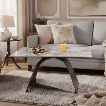 TAVOLINO IN METALLO NERO E PIANO IN VETRO EFFETTO MARMO CM 90X60 H. 45 