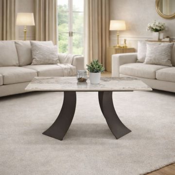 TAVOLINO IN METALLO NERO E PIANO IN VETRO EFFETTO MARMO 90X60 H. 45 CM 