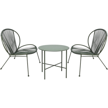 SET GIARDINO TAVOLO + 2 SEDIE IN METALLO E CORDA VERDE OLIVA
