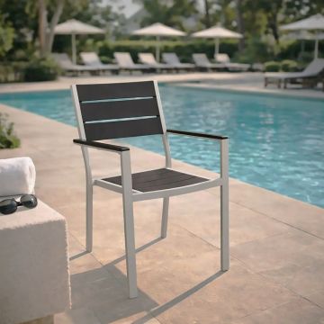 SEDIA DA ESTERNO IN METALLO BIANCO  E PLASTICA EFFETTO LEGNO ANTRACITE