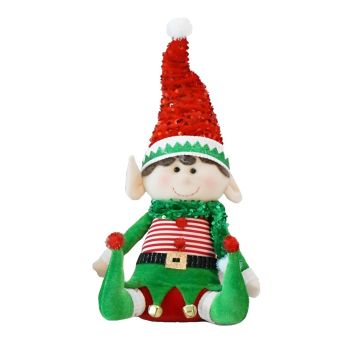 ELFO SEDUTO CON VESTITO IN TESSUTO VERDE/ROSSO  H 43CM