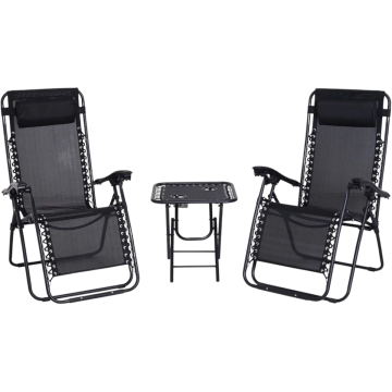 SET 2 POLTRONE RELAX PIEGHEVOLI CON TAVOLINO IN ACCIAIO NERO E TEXTILENE NERO