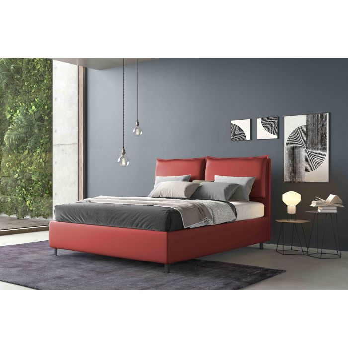 LETTO MATRIMONIALE CONTENITORE IN ECOPELLE ROSSA