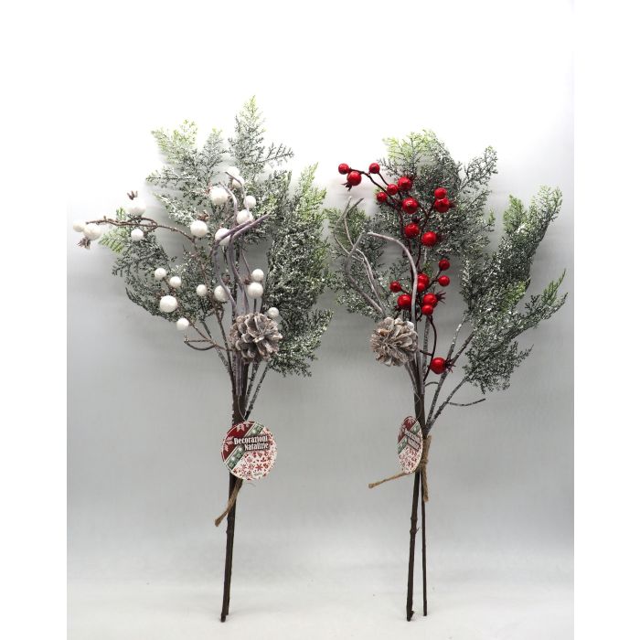 RAMO C/AGHI PINO C/BACCHE FLOCCATE BIANCHE/ROSSE/PIGNA H 52,5CM