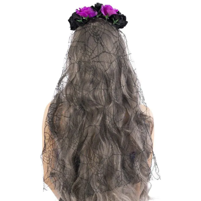 Cerchietto Halloween Con Velo E Ragnatela Floreale – Fascia Per Capelli Nera Con Rose, Ideale Per Festa In Maschera E Cosplay