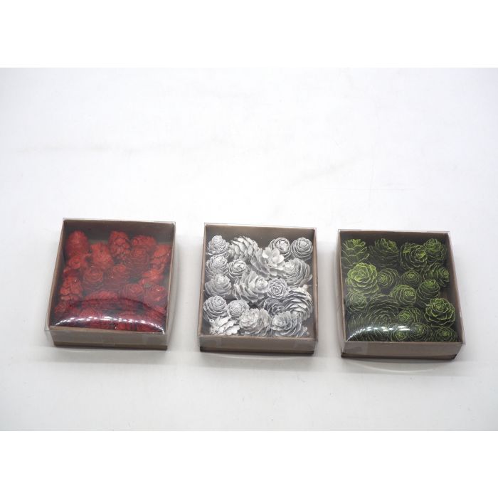 SCATOLA 18 PIGNE COLORATE 3X2/3CM BIANCHE/ROSSE/VERDI SCATOLA 18 PIGNE COLORATE 3X2/3CM BIANCHE/ROSSE/VERDI