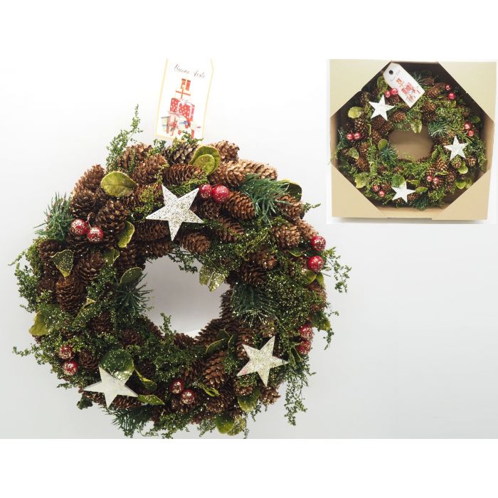 CORONA PIGNE NEVATE C/STELLE LEGNO/BACCHE ROSSE D.30CM CORONA PIGNE NEVATE C/STELLE LEGNO/BACCHE ROSSE D.30CM