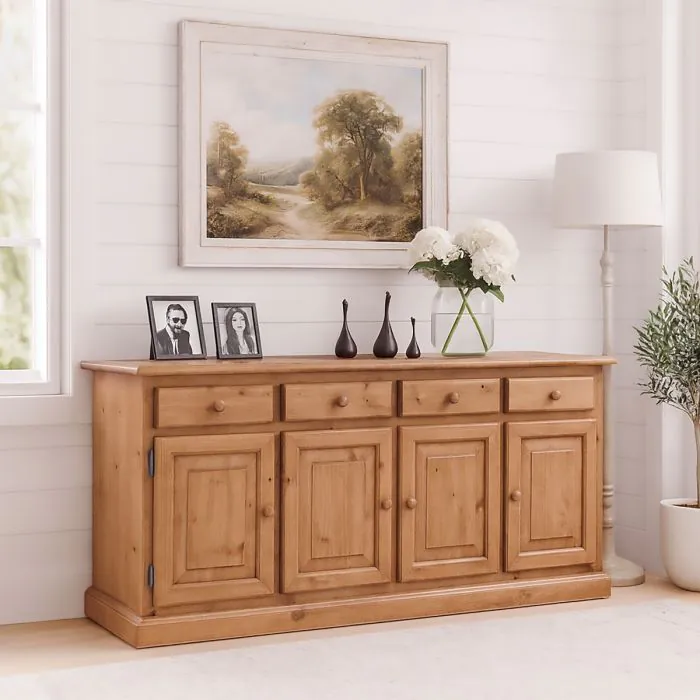 Credenza In Legno Massello Di Pino - Colore Miele - 5 Ante - 110,5x35x117 Cm - Mobile Alto Moderno Da Assemblaggio