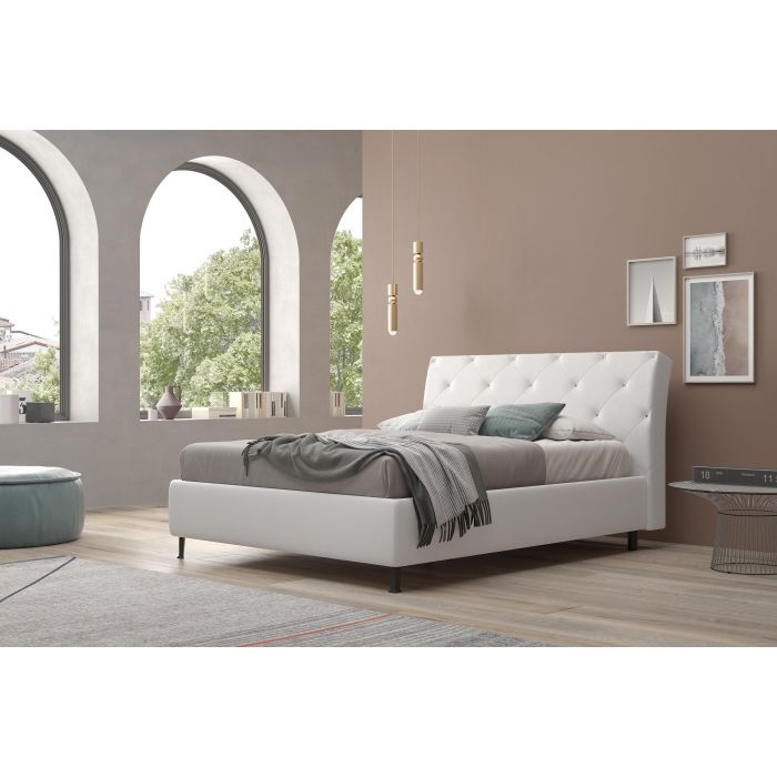 LETTO MATRIMONIALE CONTENITORE MOD. LUXURY IN ECOPELLE BIANCA CON BOTTONI  BRILLANTI