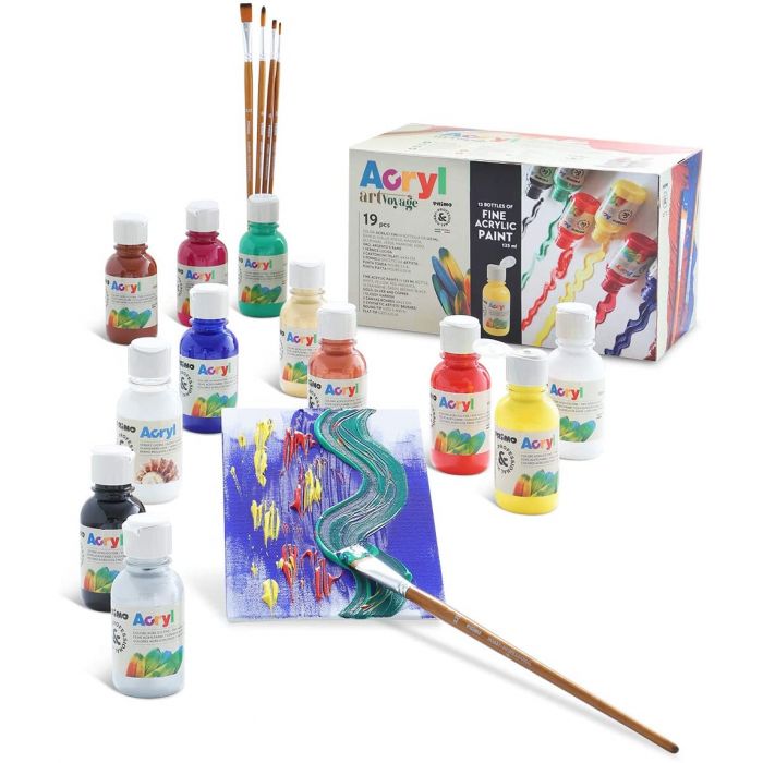 SET 12 BOTTIGLIE ACRILLICA C/PENNELLI E TELE