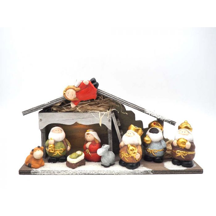 CAPANNA LEGNO C/9 SOGG. PRESEPIO CERAM.BIANCHI H17.5X33X8.5CM C/LUCE CAPANNA LEGNO C/9 SOGG. PRESEPIO CERAM.BIANCHI H17.5X33X8.5CM C/LUCE