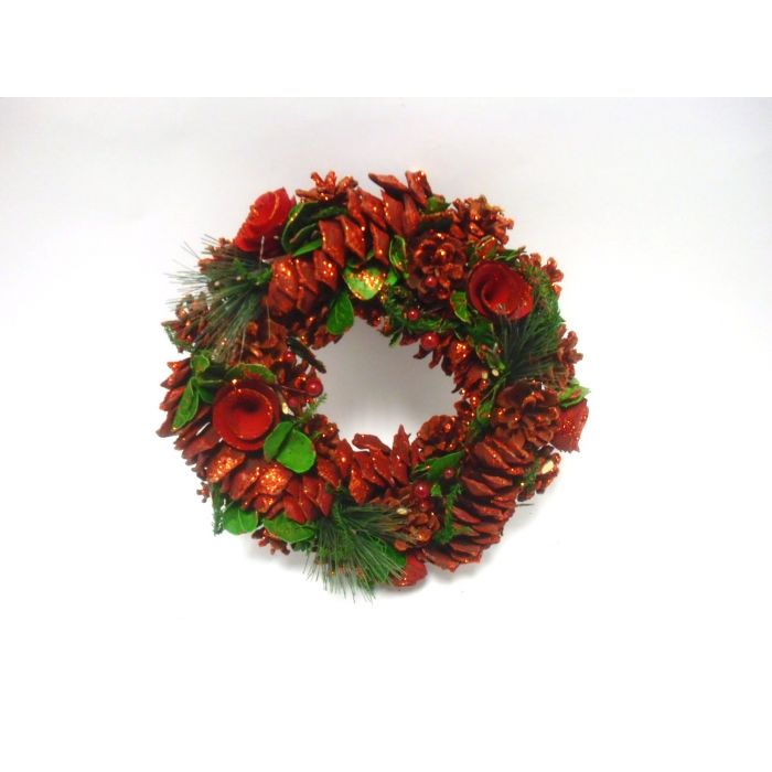 CORONA VERDE C/PIGNE/FIORI/BACCHE ROSSE GLITTERATE D 30CM CORONA VERDE C/PIGNE/FIORI/BACCHE ROSSE GLITTERATE D 30CM
