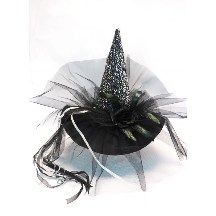 CAPPELLO DA STREGA HALLOWEEN CON PAILLETTES E VELO DIAM. 50CM