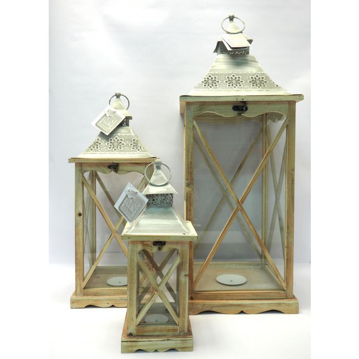 LANTERNA IN LEGNO QUADRATA C/TETTO IN METALLO H 41X15.5X15.5CM
