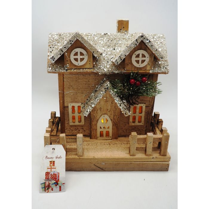 CASETTA IN LEGNO NATURALE CON 10 LUCI E BRILLANTINI H.27X15X24CM CASETTA IN LEGNO NATURALE CON 10 LUCI E BRILLANTINI H.27X15X24CM