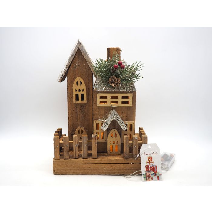 CASETTA IN LEGNO NATURALE CON 10 LUCI, STECCATO E BRILLANTI H.30.5X14X21 CASETTA IN LEGNO NATURALE CON 10 LUCI, STECCATO E BRILLANTI H.30.5X14X21