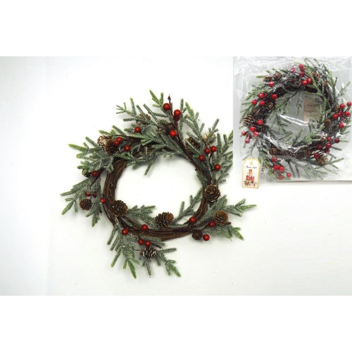 CORONA RAMI D 30CM C/BACCHE ROSSE/PIGNE/SONAGLI CORONA RAMI D 30CM C/BACCHE ROSSE/PIGNE/SONAGLI