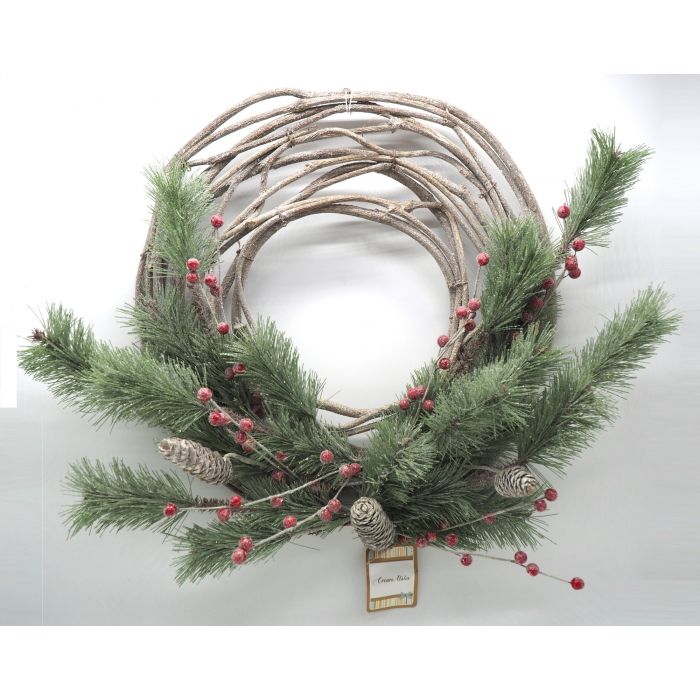 CORONA RAMI C/PINO LUCENTE C/BACCHE-PIGNE ROSSE D 60X10CM CORONA RAMI C/PINO LUCENTE C/BACCHE-PIGNE ROSSE D 60X10CM