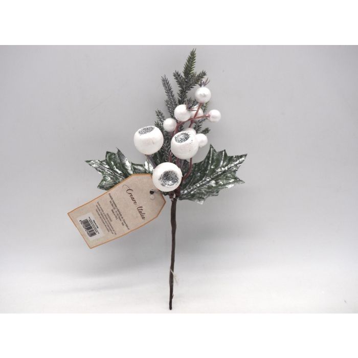 PICK C/FOGLIE E AGHI DI PINO C/BACCHE FLOCCATE BIANCHE H 22,5CM PICK C/FOGLIE E AGHI DI PINO C/BACCHE FLOCCATE BIANCHE H 22,5CM