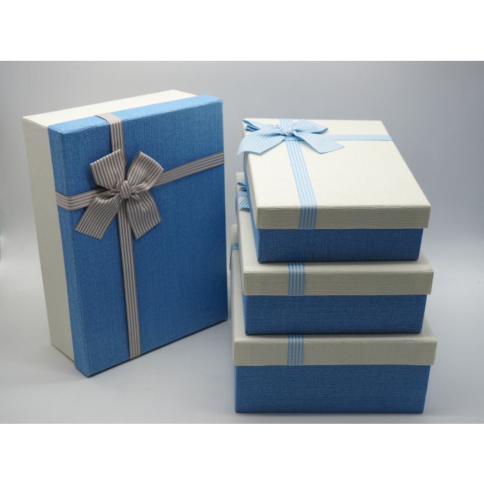 SCATOLA CARTA RETTANGOLARE C/FIOCCO DI RASO AZZURRO/PANNA H 9.5X29X21CM