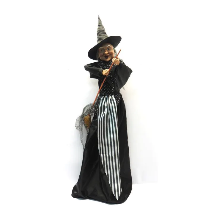 Befana/strega In Piedi 60 Cm Con Scopa – Viso Bello, Vestito In Raso, Multicolore, Per Natale E Halloween