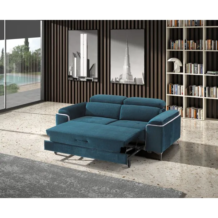 DIVANO POSTI EROS CON CARRELLO ESTRAIBILE IN TESSUTO PETROLIO