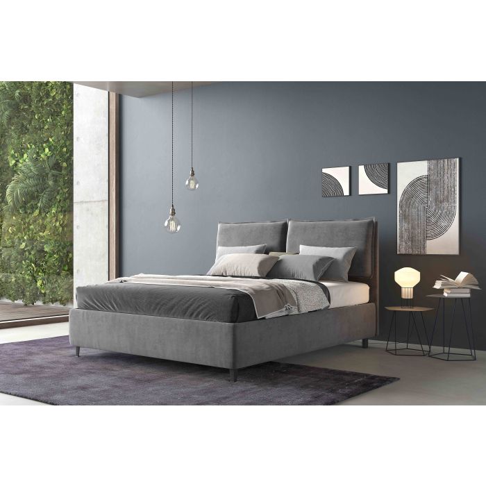 LETTO MATRIMONIALE CON CONTENITORE MOD. LOTO IN TESSUTO GRIGIO CHIARO