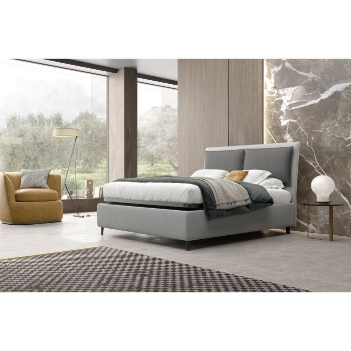 LETTO MATRIMONIALE CON CONTENITORE MOD. HOKO IN TESSUTO GRIGIO